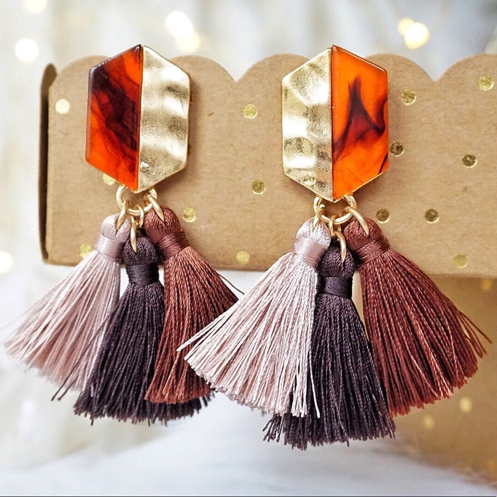 Gold Plated Acrylic Stud Tassel Earring Brown Pink - Picture 2 of 8